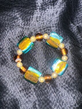 Handmade Turquoise & Gold Glass Bead Stretch Bracelet